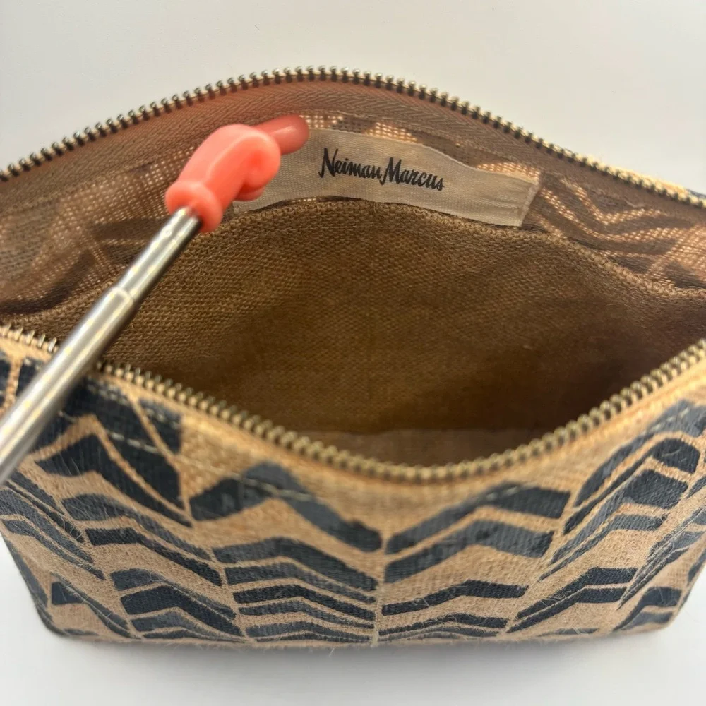 Neiman Marcus Jute Chevron Cosmetic Bag Tassel NWOT